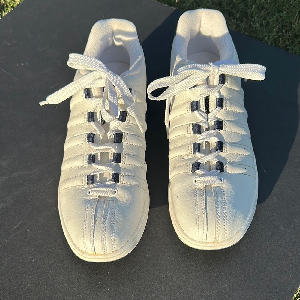 K-Swiss White Leather Athletic Sneakers with Navy Accents